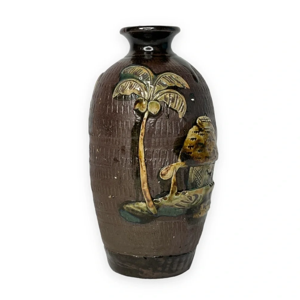 Asian Japanese Ceramic Art Pottery Vase Hut House Tree Decoration Brown Tan Pair